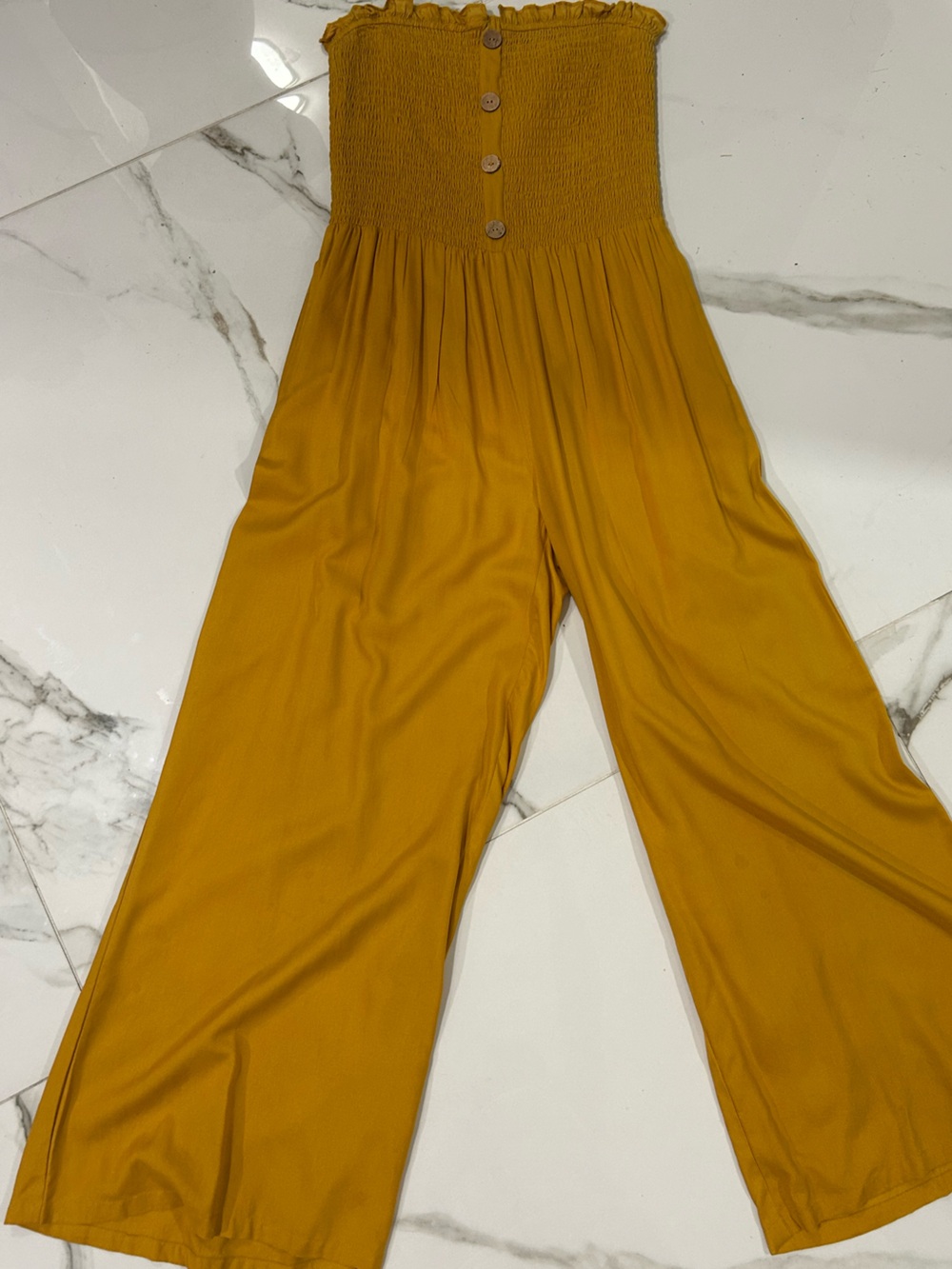 Naoo Smocked Strapless Wide-Leg Jumpsuit in Mustard with pockets M